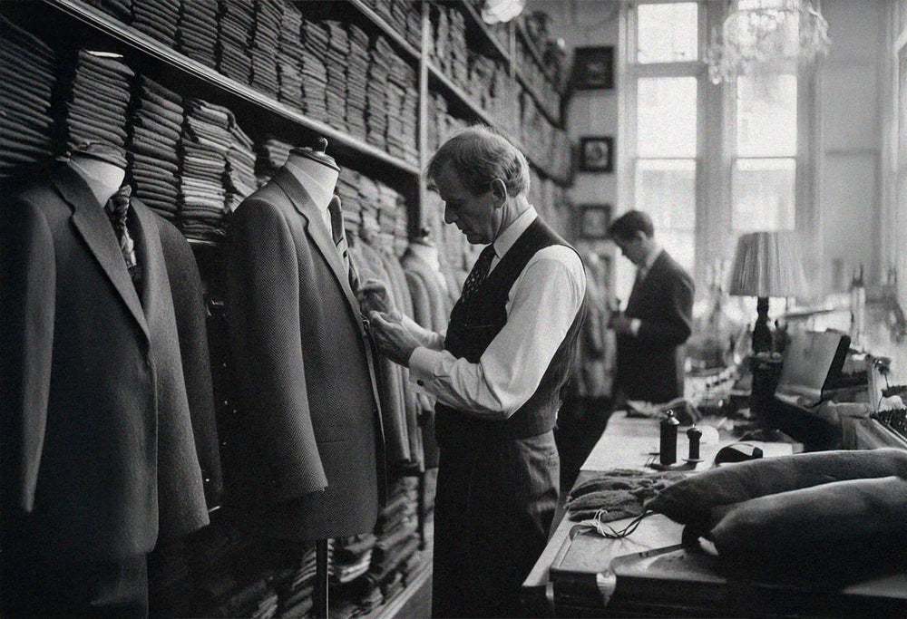 Man in a suit store examining a suit on a mannequin.