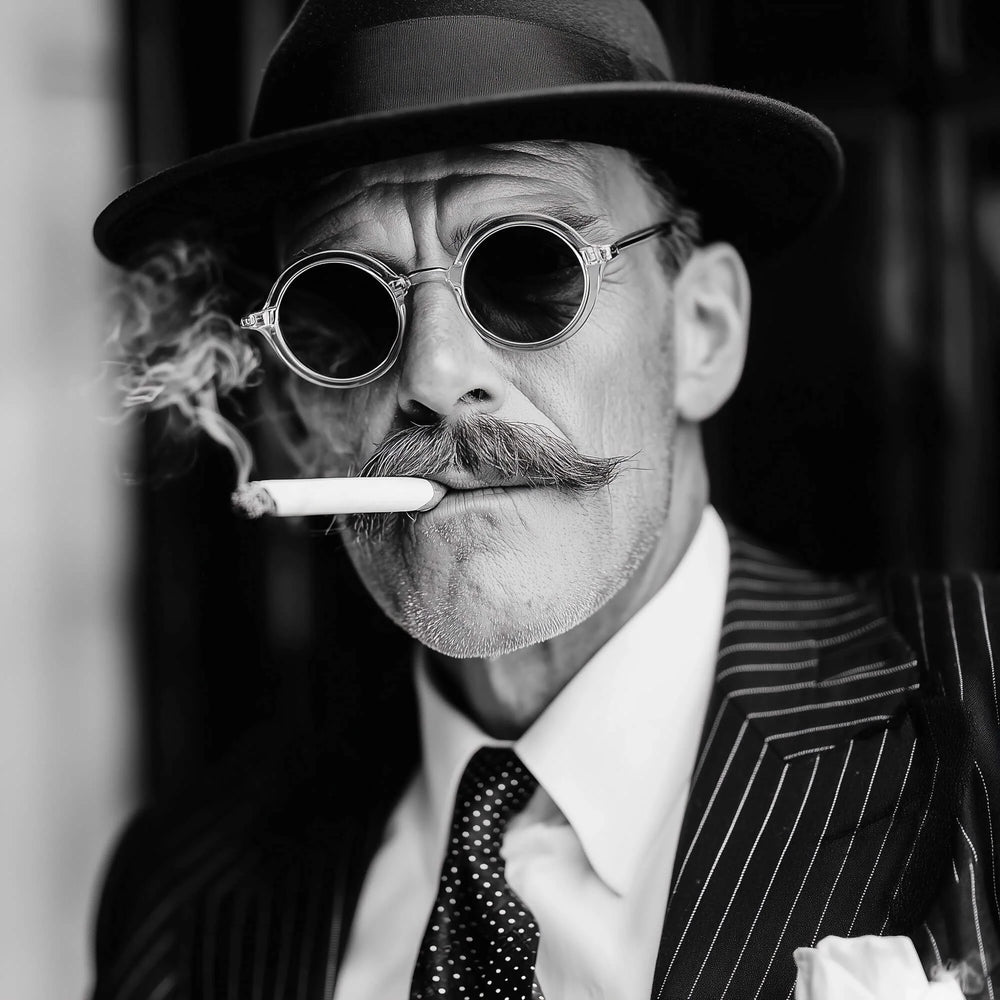 Man in vintage suit with hat, sunglasses, and smoking a cigarette.