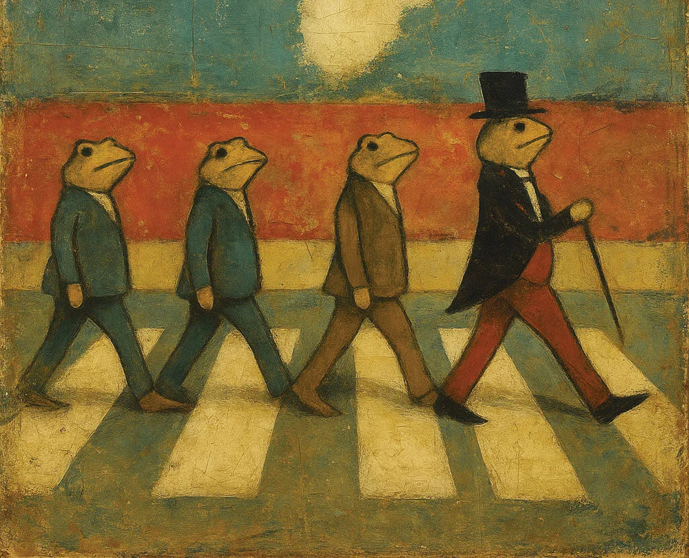 4 frogs dressed in suits walking across a road