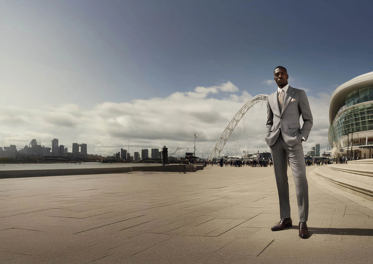 A man in a fitted grey suit standing in front of a city backdrop