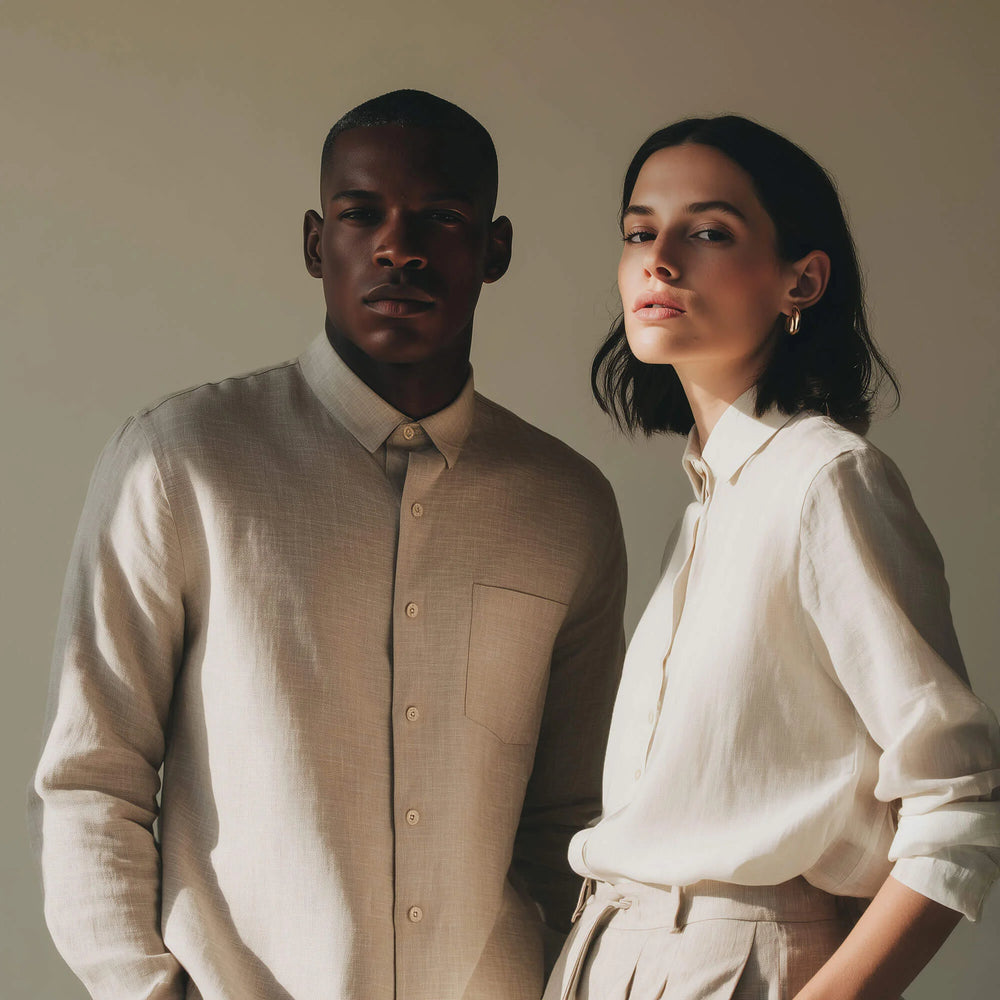 Two people wearing beige and white shirts against a plain background