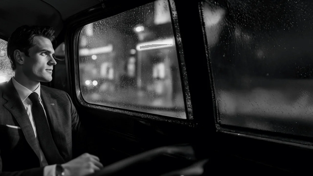 A man in a Herbie Frogg suit, sitting in the back of a classic car.